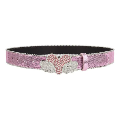 Pink Glitter Heart & Wings Rhinestone Belt – BRS-165