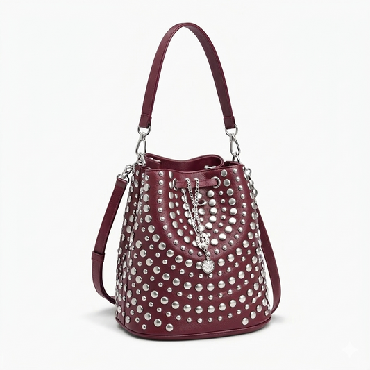 Women’s Studded Rhinestone Bucket Bag with Pearl Charm - Punk Rock Drawstring Leather Shoulder Bag