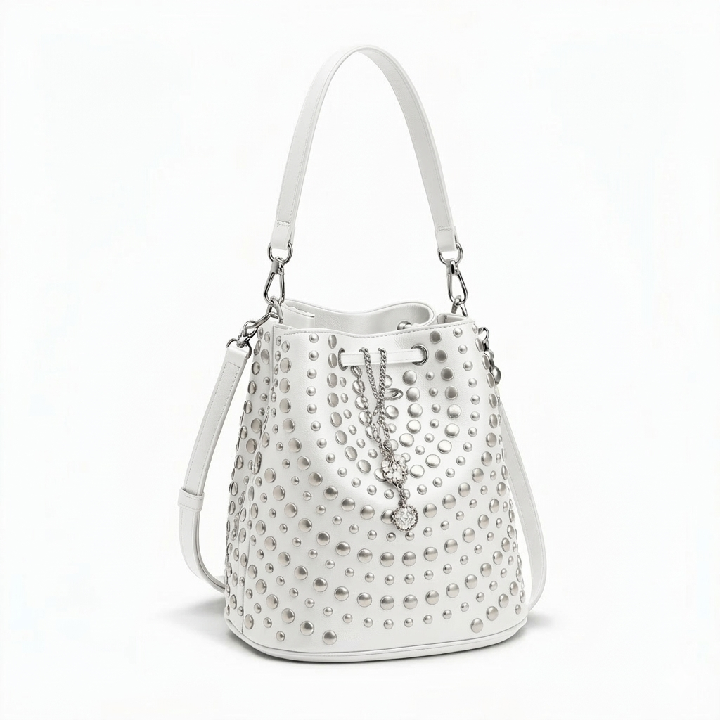 Women’s Studded Rhinestone Bucket Bag with Pearl Charm - Punk Rock Drawstring Leather Shoulder Bag