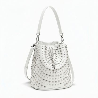Women’s Studded Rhinestone Bucket Bag with Pearl Charm - Punk Rock Drawstring Leather Shoulder Bag