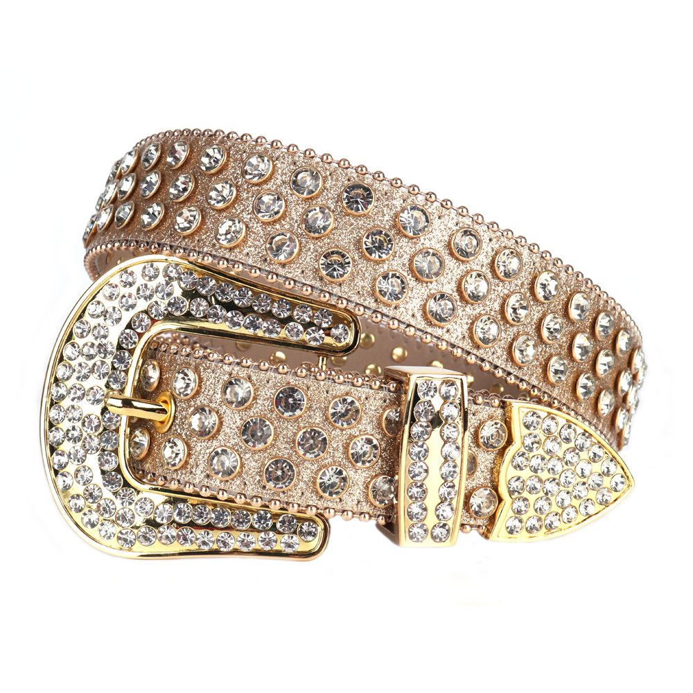 Rhinestones Glitter Gold Leather Belts With Gold Buckle Studded   White Stones