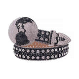 Globe Rhinestones Leather Belt Black With Globe Shape Black And White Stones