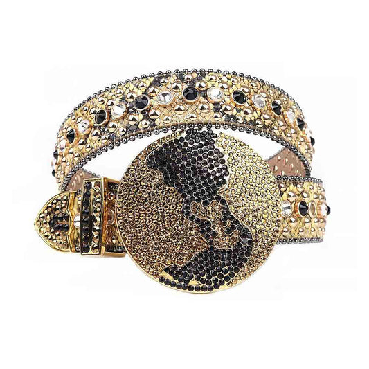 Gold Strap With Black, Gold & Transparent Studded Rhinestone Belt