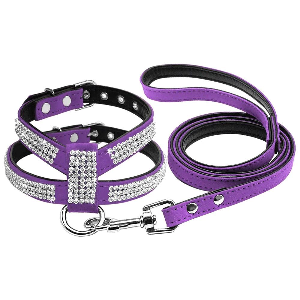 Rhinestone Leather Pet Harness & Leash Set With Hook Look