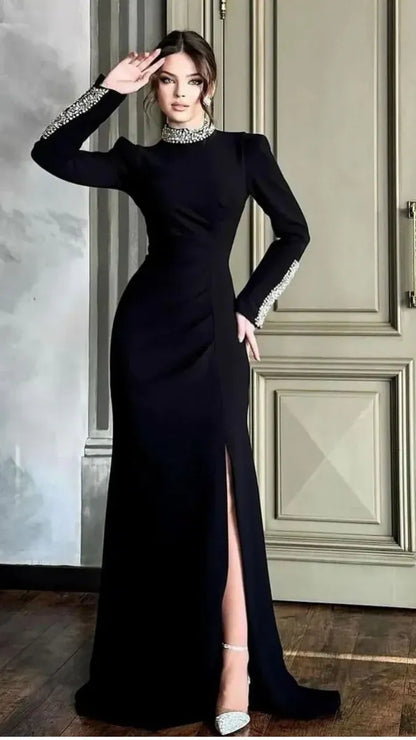 Women’s Luxurious Sequin Maxi Dress – Crew Neck Evening Gown with High Waist and Side Split