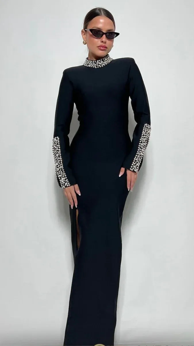 Women’s Luxurious Sequin Maxi Dress – Crew Neck Evening Gown with High Waist and Side Split