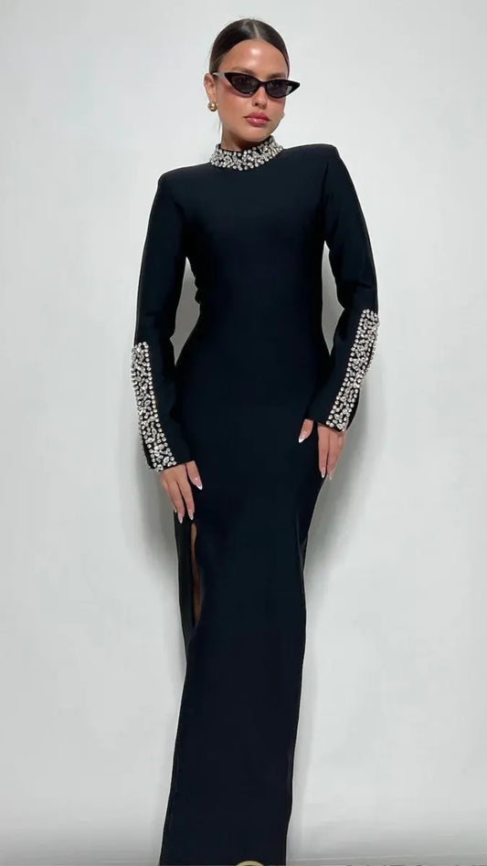 Women’s Luxurious Sequin Maxi Dress – Crew Neck Evening Gown with High Waist and Side Split