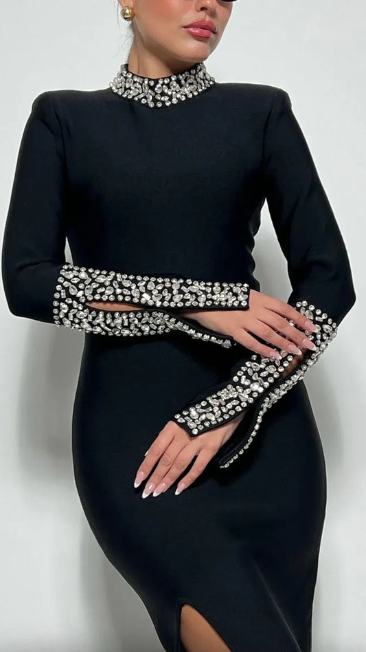 Women’s Luxurious Sequin Maxi Dress – Crew Neck Evening Gown with High Waist and Side Split