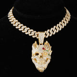 Iced Out Skull Pendant Necklace with Gold Cuban Chain - Hip Hop Jewelry