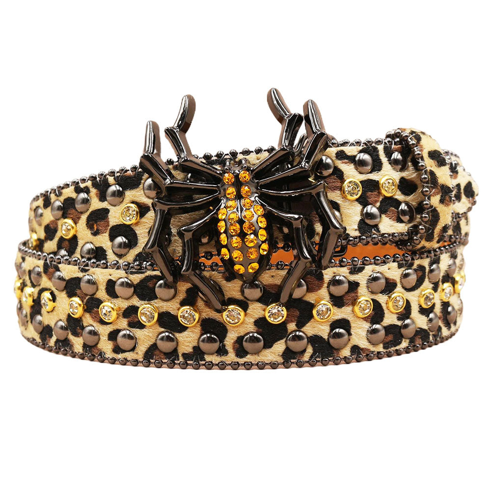 Spider Buckle Western Leopard Belt – Studded Animal Print Fashion Belt