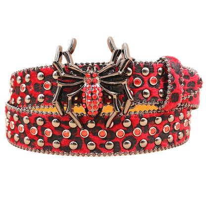 Spider Buckle Western Leopard Belt – Studded Animal Print Fashion Belt