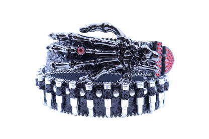 Skull Rhinestone Western Belt with Skeleton Hand Buckle