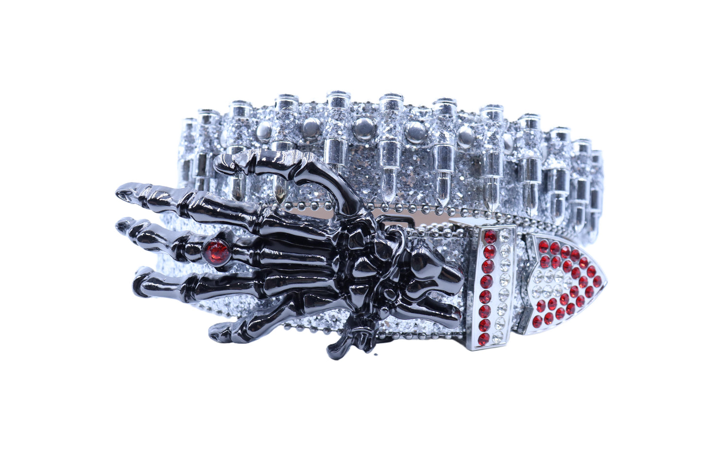 Skull Rhinestone Western Belt with Skeleton Hand Buckle