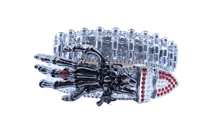 Skull Rhinestone Western Belt with Skeleton Hand Buckle