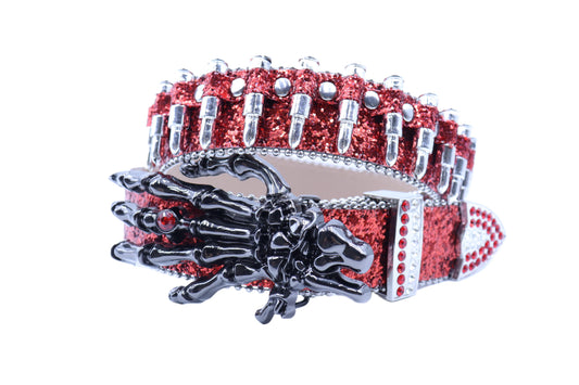 Skull Rhinestone Western Belt with Skeleton Hand Buckle