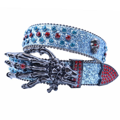 Skull Rhinestone Western Belt with Skeleton Hand Buckle