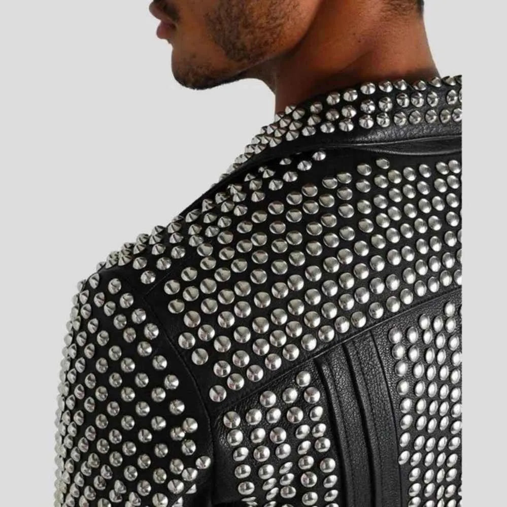 Men’s Knight Black Studded Biker Leather Jacket - Real Lambskin Punk Moto Motorcycle Jacket