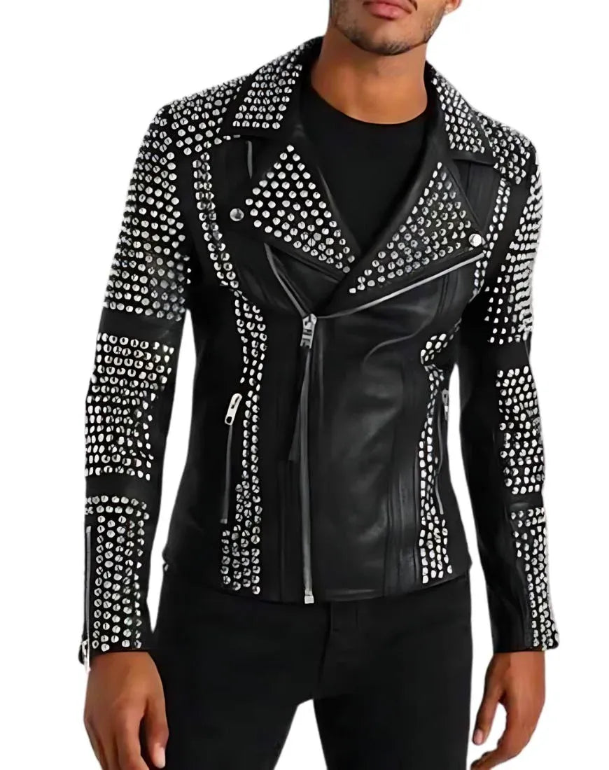 Men’s Knight Black Studded Biker Leather Jacket - Real Lambskin Punk Moto Motorcycle Jacket