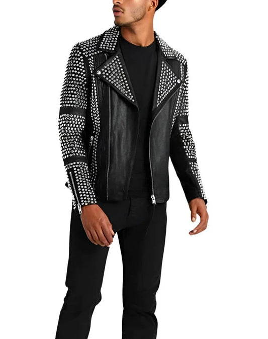 Men’s Knight Black Studded Biker Leather Jacket - Real Lambskin Punk Moto Motorcycle Jacket