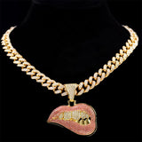 Iced Out Lips Pendant Necklace with Gold Cuban Chain - Hip Hop Jewelry
