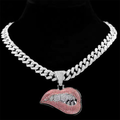 Iced Out Lips Pendant Necklace with Gold Cuban Chain - Hip Hop Jewelry