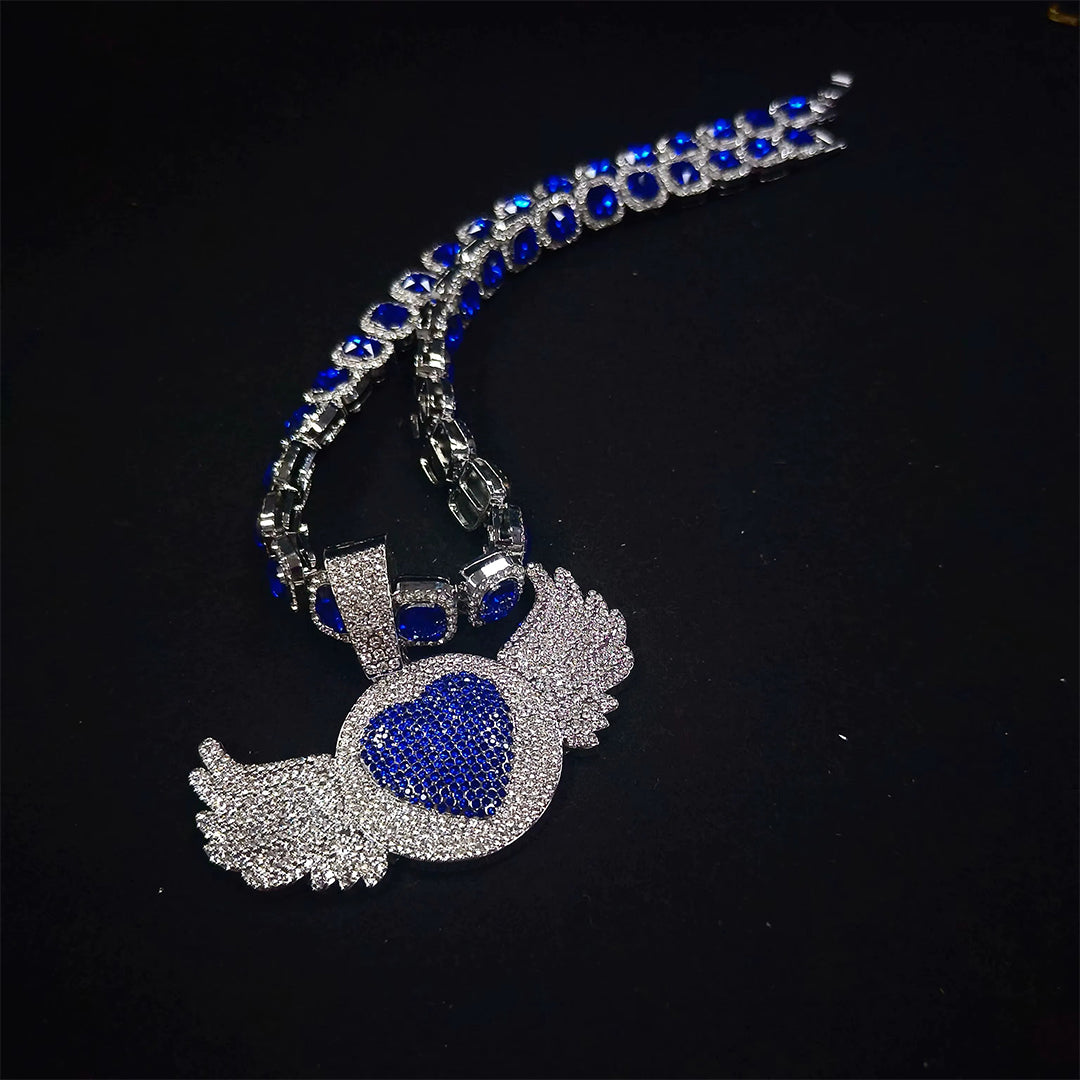 Iced Out Angel Wing Pendant Necklace with Blue Stones - Gold Hip Hop Chain