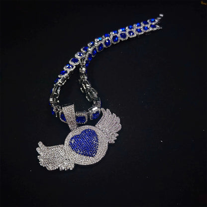 Iced Out Angel Wing Pendant Necklace with Blue Stones - Gold Hip Hop Chain