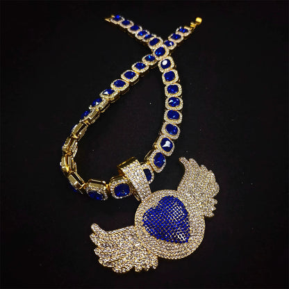 Iced Out Angel Wing Pendant Necklace with Blue Stones - Gold Hip Hop Chain