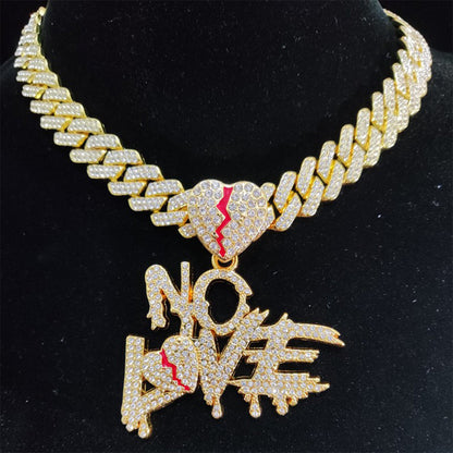 Iced Out NO LOVE Broken Heart Pendant Necklace with Silver and Gold Cuban Chain