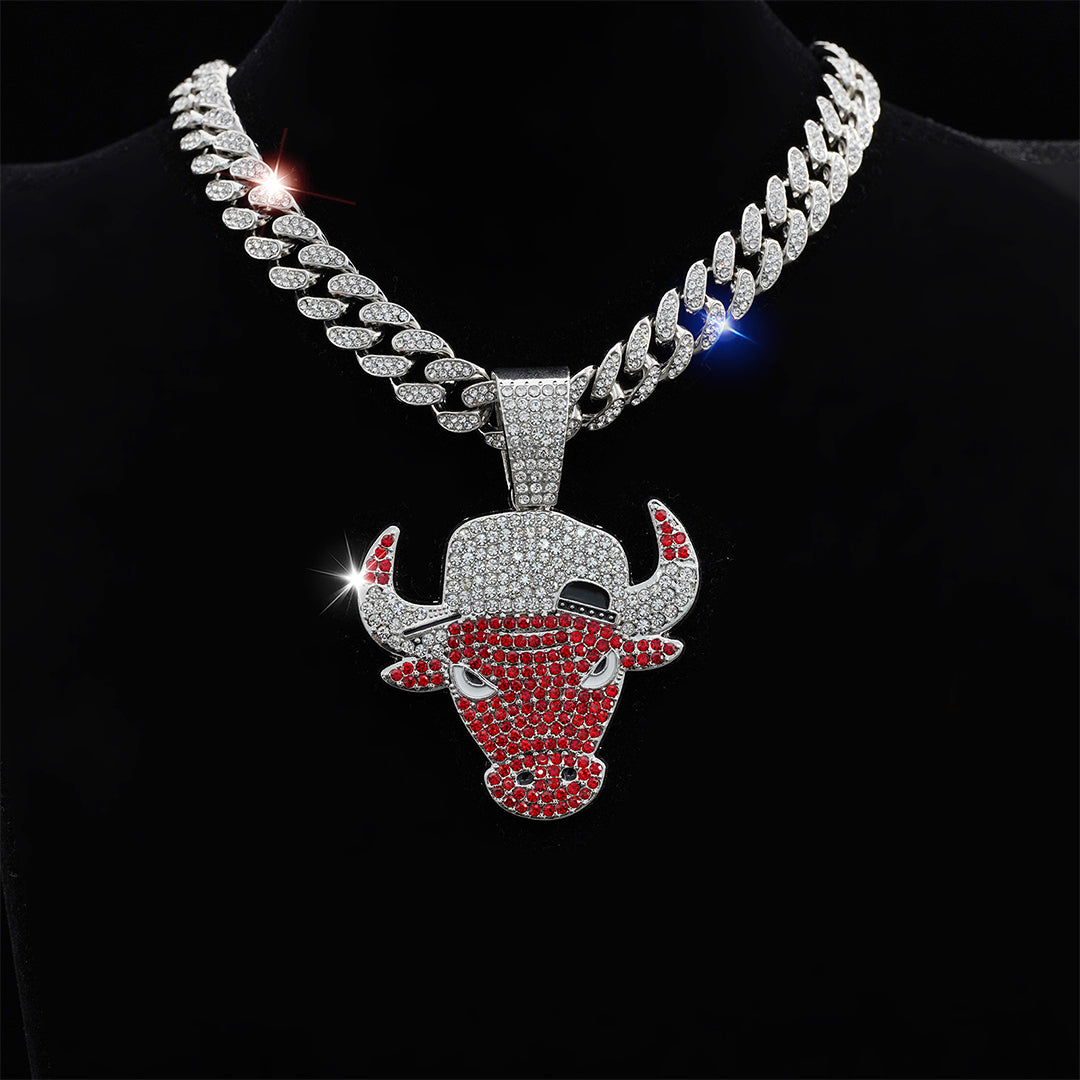 Iced Out Bull Head Pendant Necklace with Gold Cuban Chain - Hip Hop Jewelry