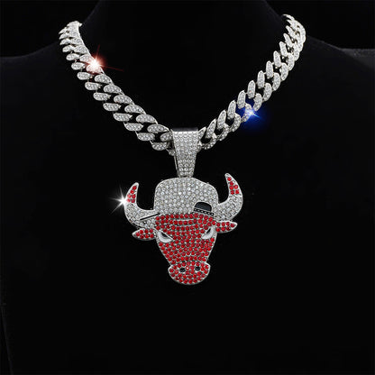 Iced Out Bull Head Pendant Necklace with Gold Cuban Chain - Hip Hop Jewelry