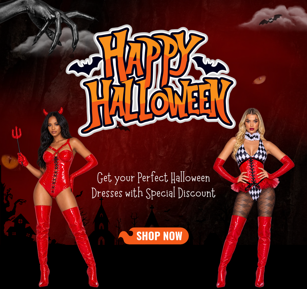 halloween blog banner showing two women wearing rhinestones costume