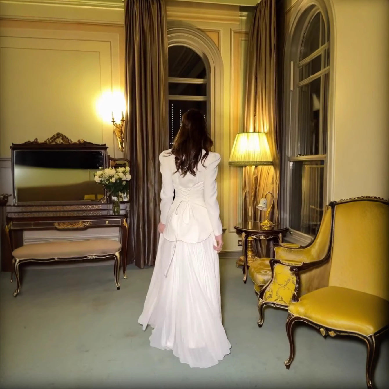 Elegant Rhinestone Pleated Long-Sleeve Dress