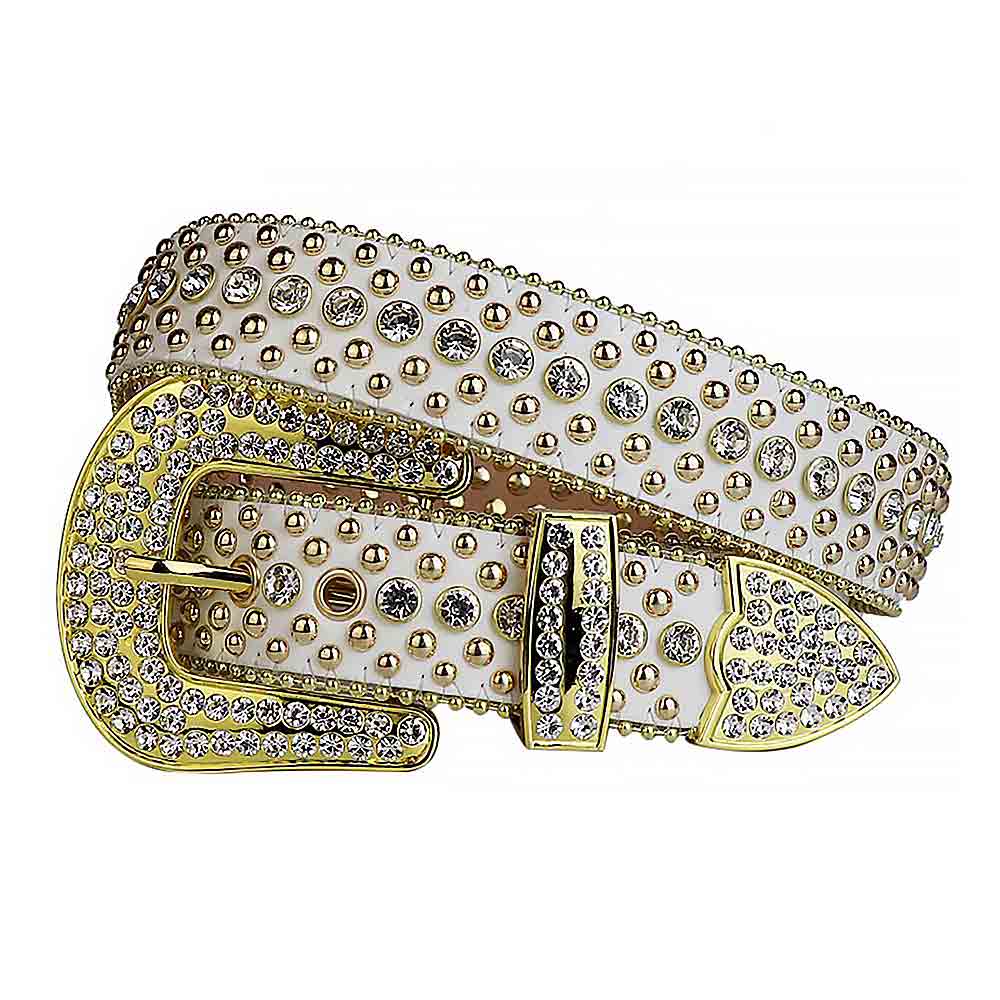 Rhinestones White Leather Belt With Gold Buckle & Crystal Stones Studs