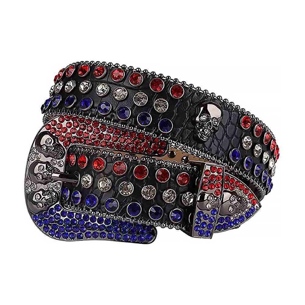 Rhinestones Leather Belts   Black Skull With Red White And Blue Stones