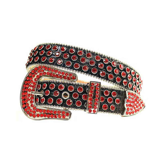 Black Strap With Red Studded Rhinestone Belt with Gold Red Buckle