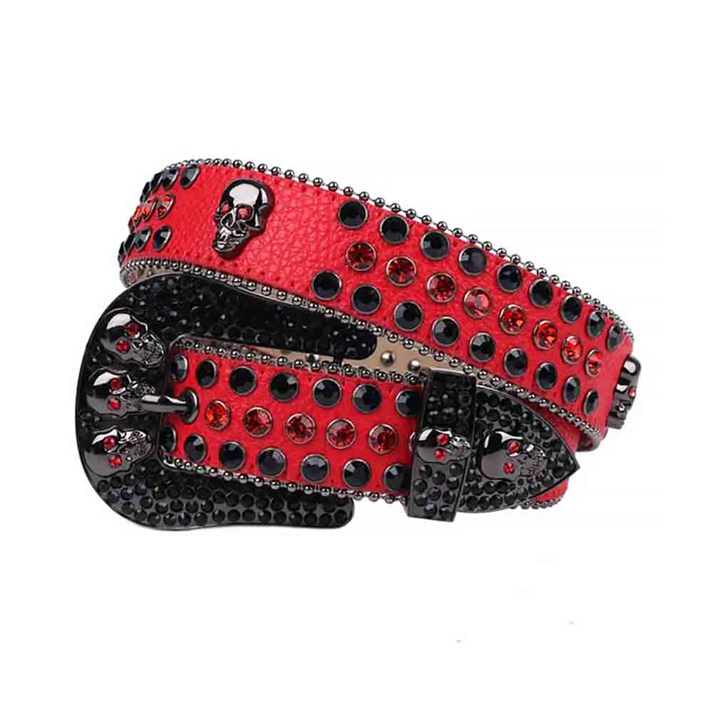 Red Strap With 7 Skulls Red & Black Studded Rhinestone Belt