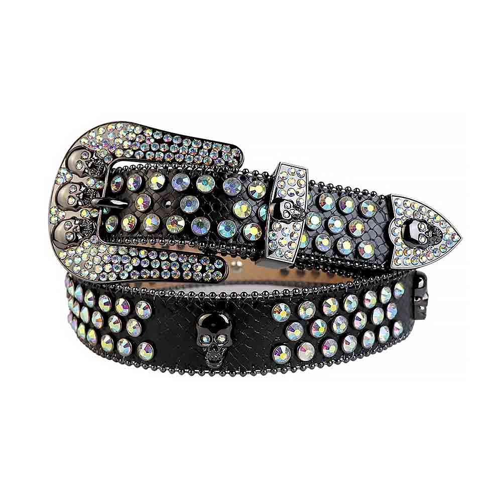 Rhinestone Black Belt And Multi Colour stones Black Skulls Buckle studded With Multi Color Rhinestones