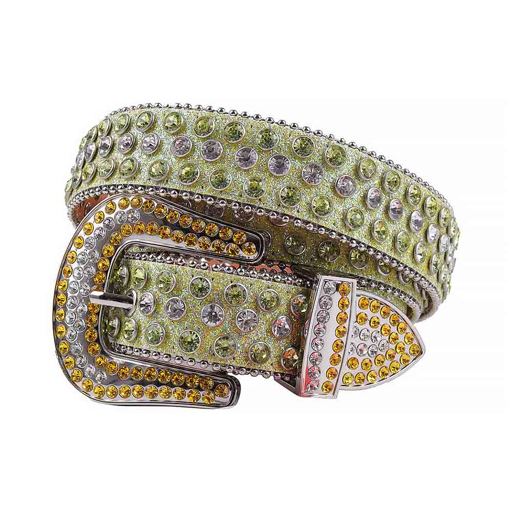 Rhinestone Green Belt and White Green Crystal Diamonds Silver Buckle Studded with White and Orange Crystal Diamonds Rhinestones