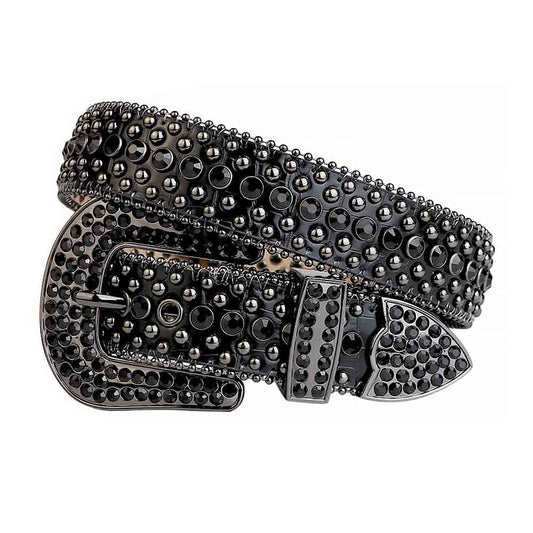 Rhinestone Studded Black Leather Belt with Black Stones