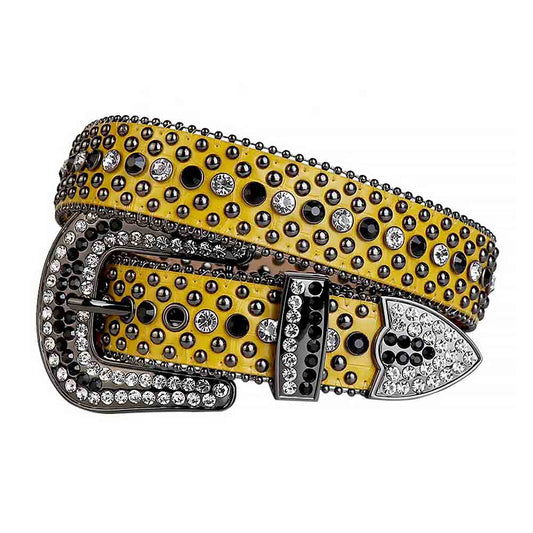 Rhinestone Yellow Belt And Black & Transparent stones Silver Buckle studded With Black & Crystal Rhinestones