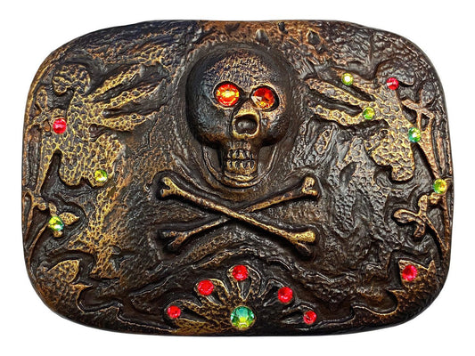 Rhinestone Antique Rustic Copper Skull Engraved Buckle