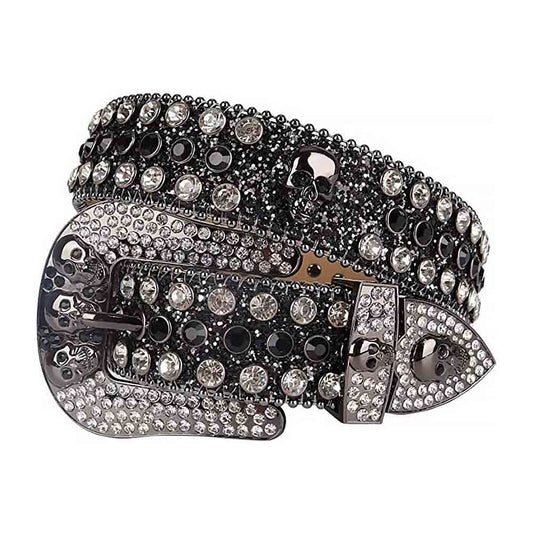 Rhinestones Glitter Black Leather Belts Skull Buckle With Black And Crystal White Stones