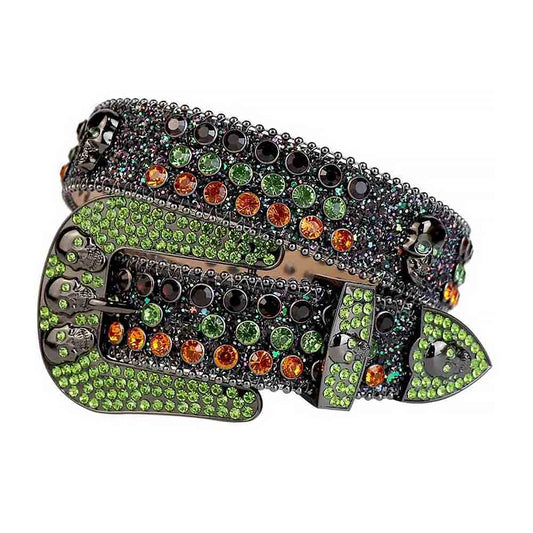 Rhinestones Glitter Black Leather Belts Skull Buckle With Black Green And Orange Stones