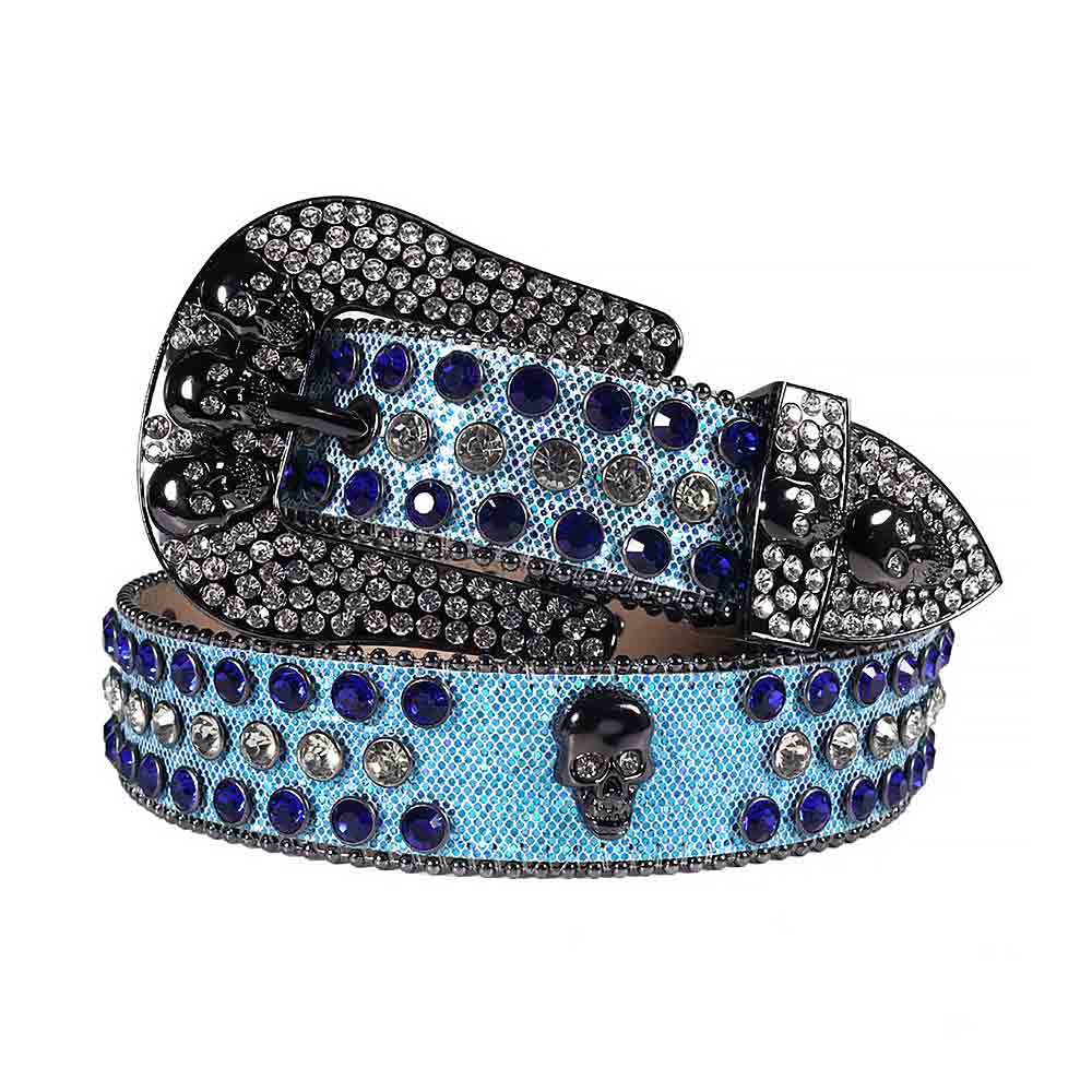 Rhinestones Glitter Light Blue Leather Strap Skull Buckle Belts With Royal Blue And Crystal White Stones