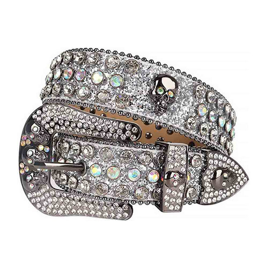 Rhinestones Glitter White Leather Belts Skull Buckle With White Multi Color Stones