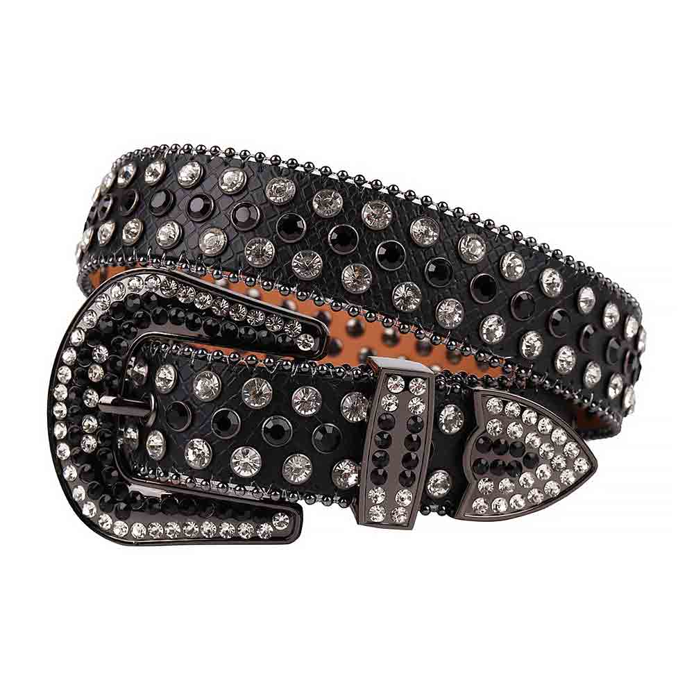 Rhinestones Leather Belt   Black Leather With Black And White Stones