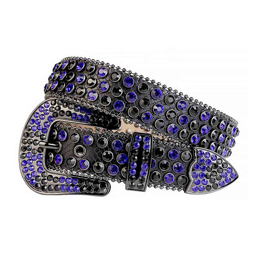 Rhinestones Leather Belt Black With Black And Blue Stones