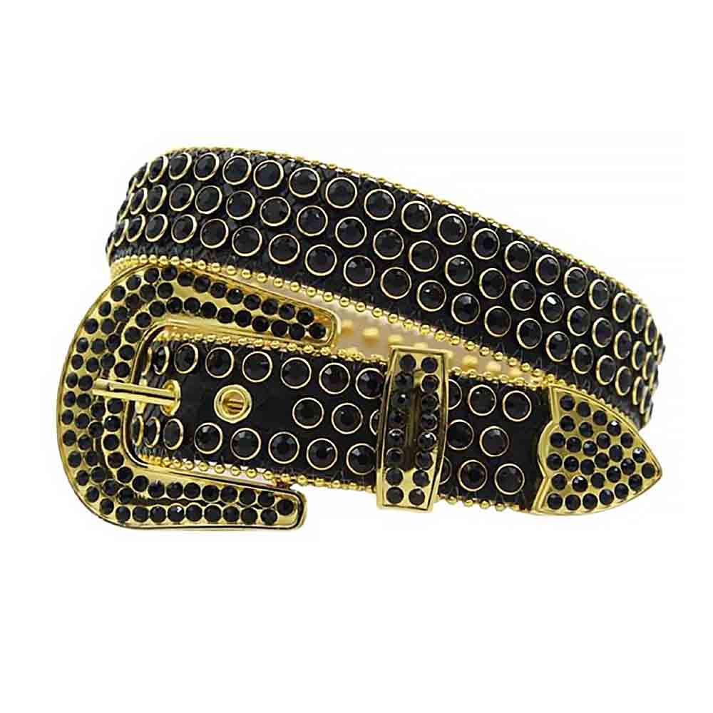 Rhinestones Leather Belt Black With Black Stones