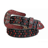 Rhinestones Leather Belt Black With Skull Red Stones